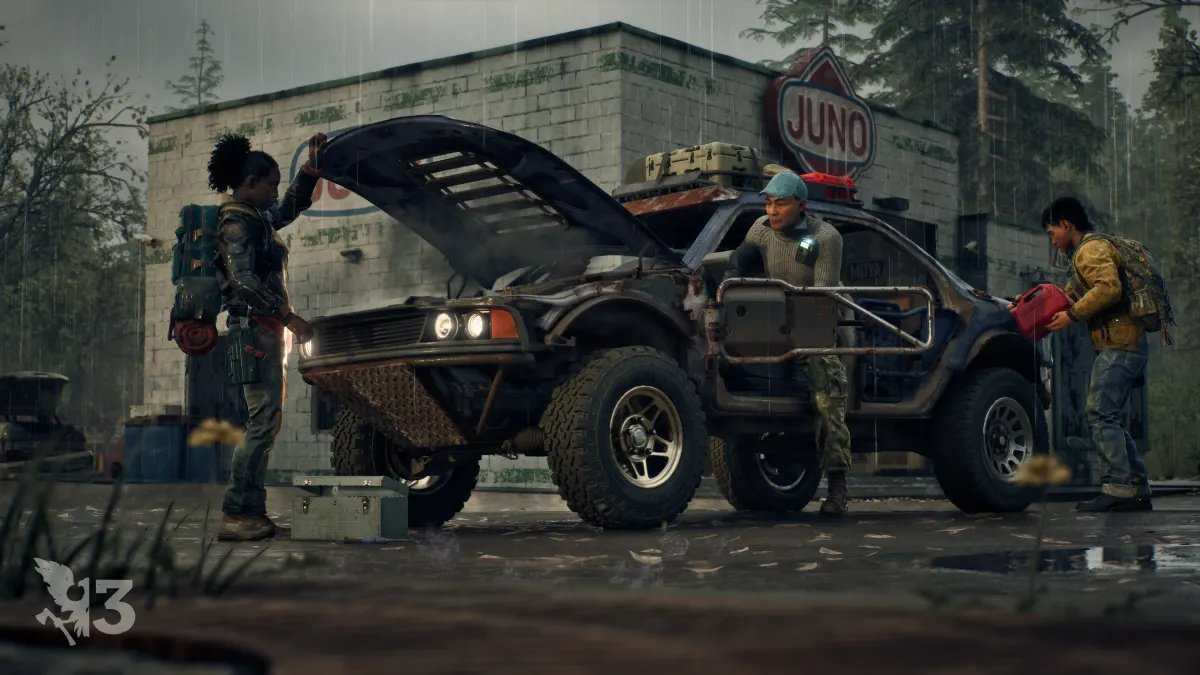 Official State of Decay 3 screenshot of survivors working around a vehicle during a supply stop